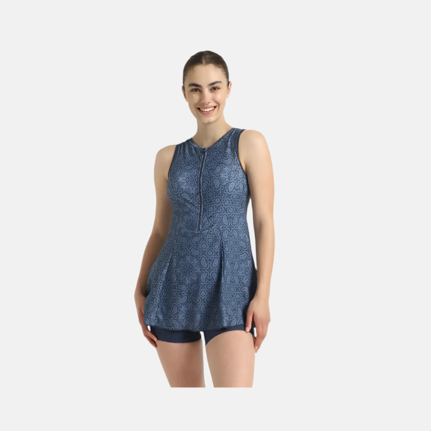 Speedo Endurance10 Printed Closedback Women's Swimdress With Boyleg -Spruce Blue/Washed Blue