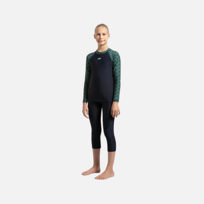 Speedo Junior Female Swim Actve Boomstar Long Sleeve Suntop -True Navy/Green Glow