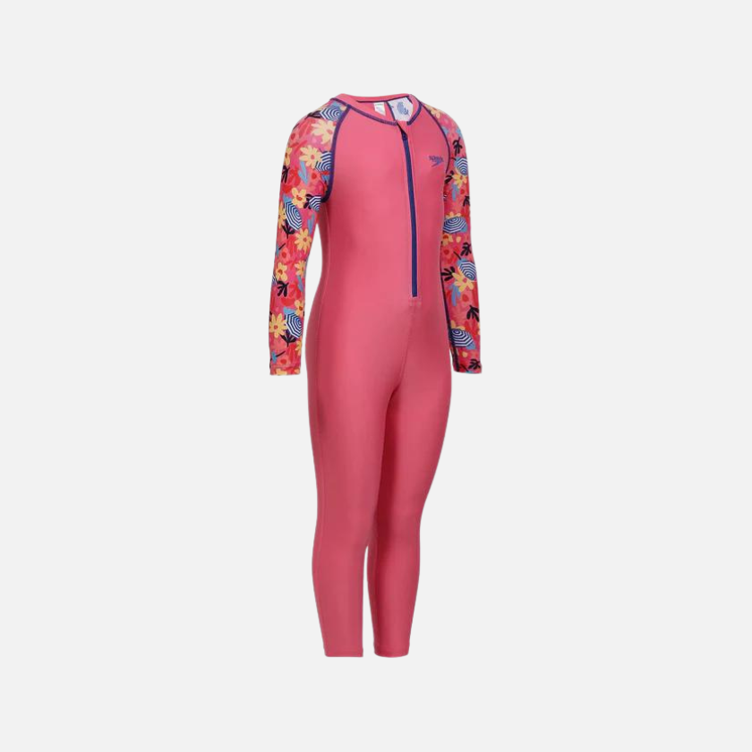 Speedo Colorblock All Over Printed Girls All in One Full Body Suit -Fandango Pink/True Cobalt