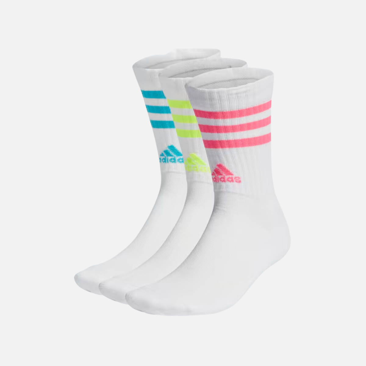 Adidas 3 Stripes Cushioned Crew Kids Unisex 3 Pairs Socks  -White/Lucid Cyan/Lucid Lemon/Lucid Pink