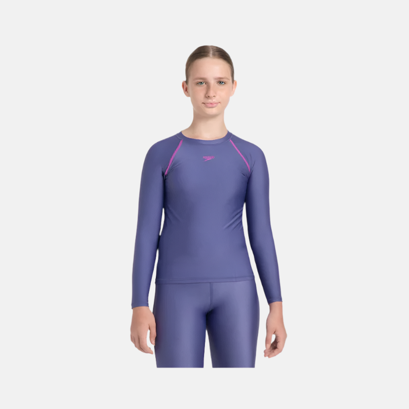 Speedo Endura Brite Long Sleeve Girl's Suntop - Hapuna Blue/Neon Violet