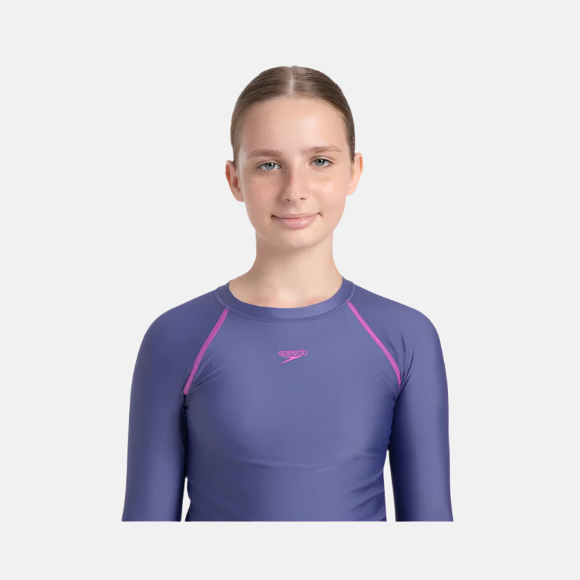 Speedo Endura Brite Long Sleeve Girl's Suntop - Hapuna Blue/Neon Violet