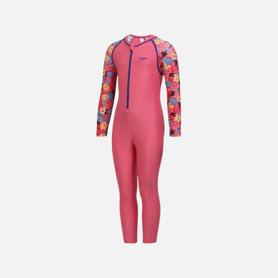 Speedo Colorblock All Over Printed Girls All in One Full Body Suit -Fandango Pink/True Cobalt