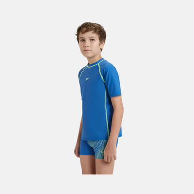 Speedo Enduraflex Short Sleeve Boy's Suntop -Turkish Sea/Hyper Yellow