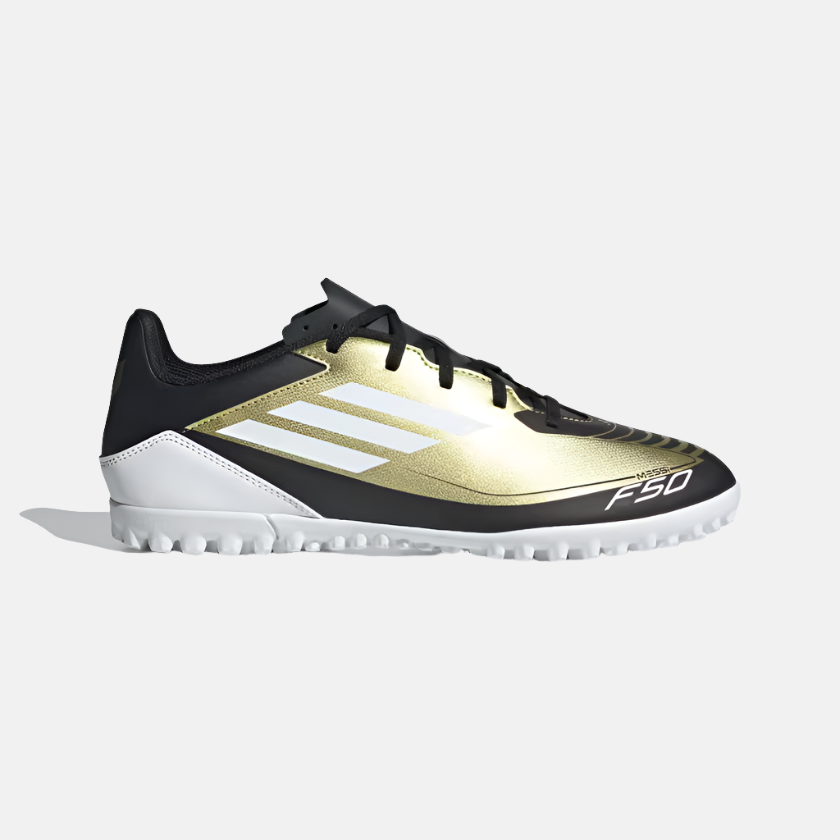 Adidas F50 Club Messi Unisex Turf Football Shoes -Gold Metallic/Cloud White/Core Black
