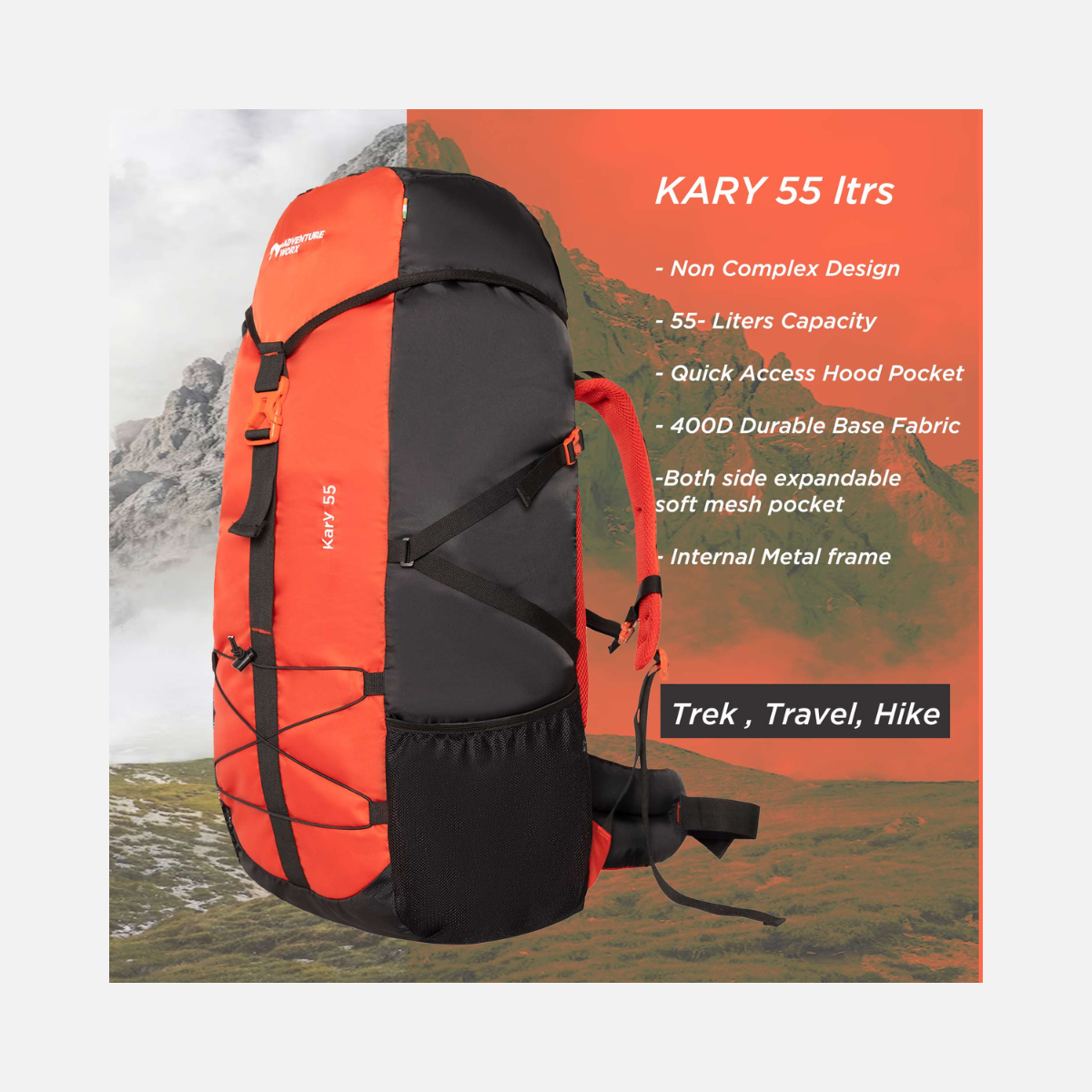 Adventure Worx Kary 55L Hiking Rucksack -Red/Black