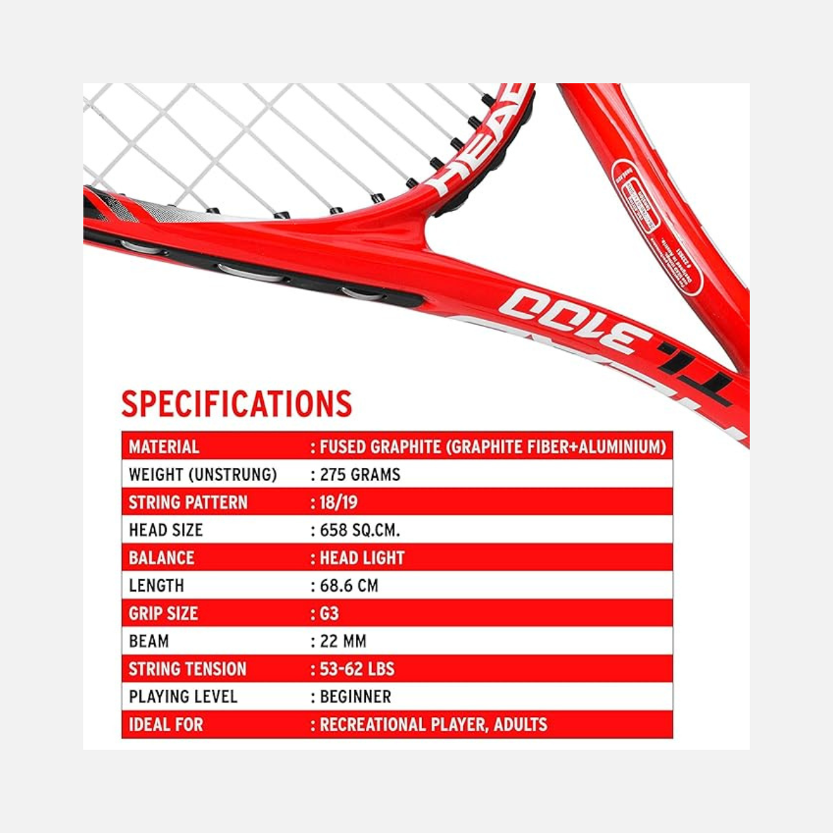 Head Titanium 3100 Strung Tennis Racquet - White/Red