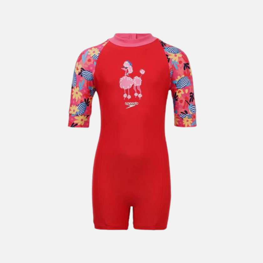 Speedo Essential All In One Printed Kids Unisex Full Body Suit -Risk Red/Summer Yellow