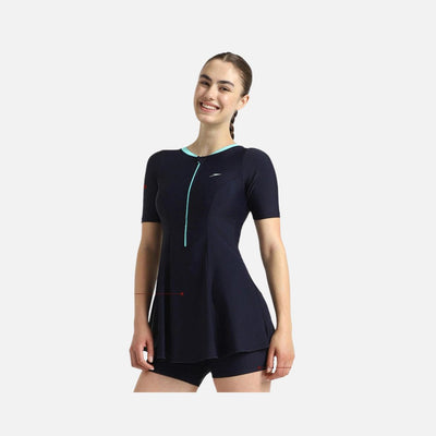Speedo Women's Endurance10 Closedback Sleeved Swimdress With Boyleg - True Navy & Arctic Glass