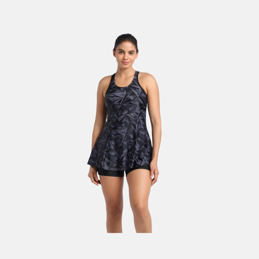 Speedo Hyperboom All Over Printed Racerback Swimdress With Boyleg -Black/Oxid Grey