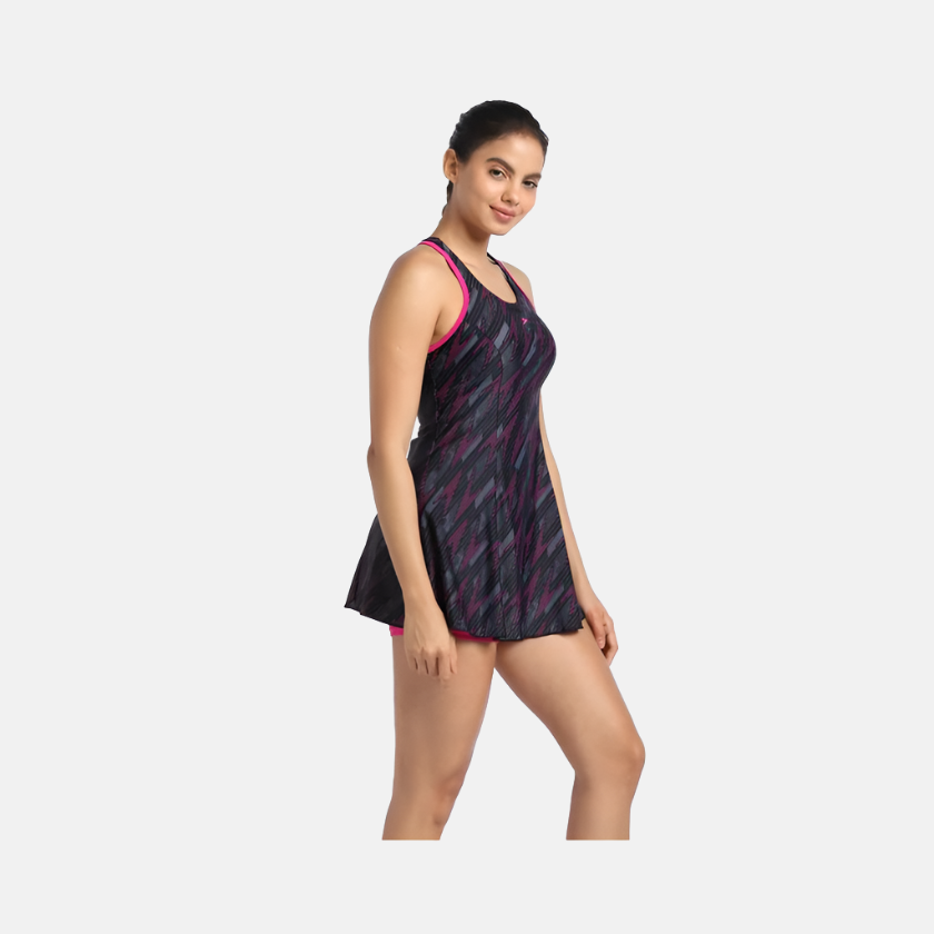 Speedo Hyperboom All Over Printed Racerback Women's Swimdress With Boyleg -Black/ElectricPink