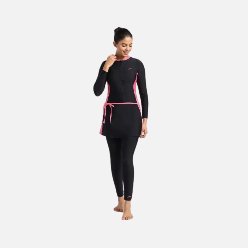 Speedo Two Piece Full Body Solid Women's Swim Suit -Black/Pink