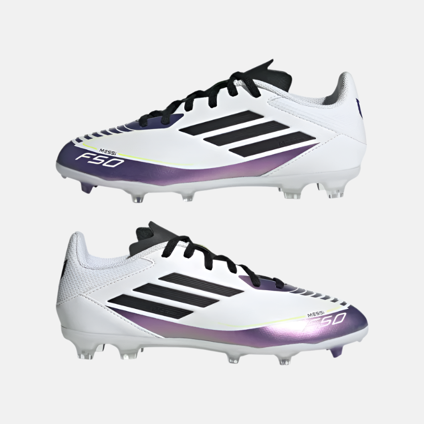 Adidas Messi F50 League Firm/Multi-Ground Kids Unisex Football Shoes (8-14 Year) -Cloud White/Core Black Purple