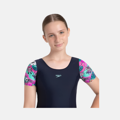 Speedo Endurance10 Sleeved Closedback Girl's Swimdress With Boyleg -True Navy/Neon Violet/Arctic Glass