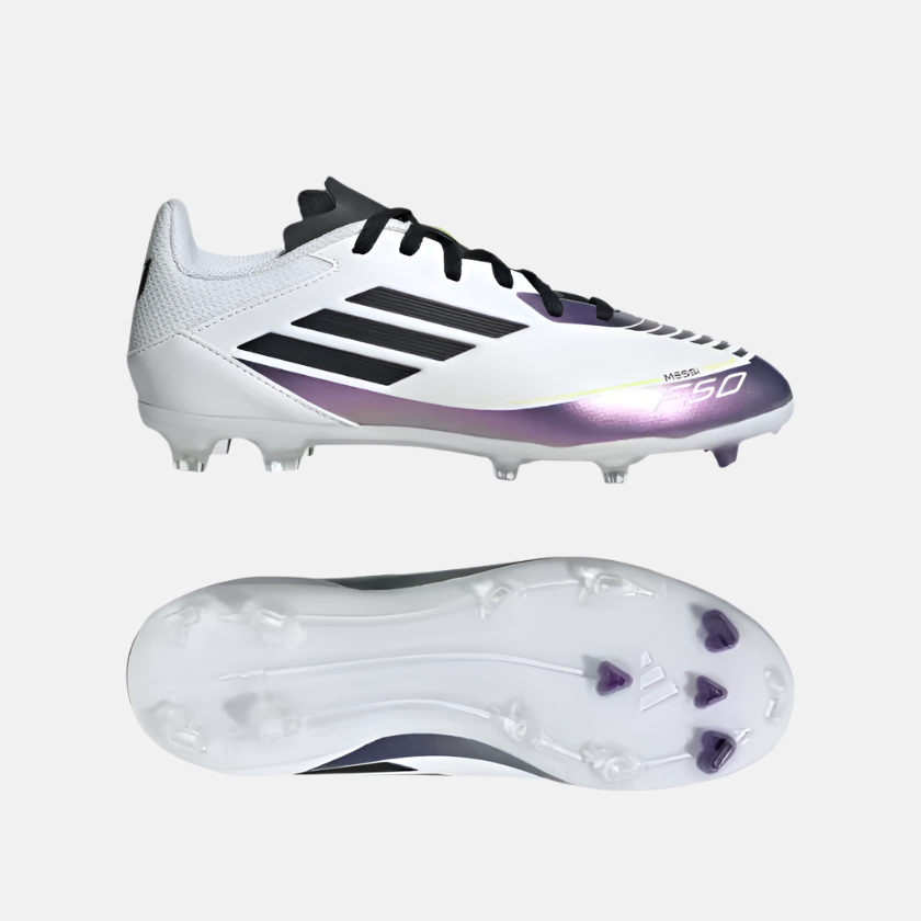 Adidas Messi F50 League Firm/Multi-Ground Kids Unisex Football Shoes (8-14 Year) -Cloud White/Core Black Purple