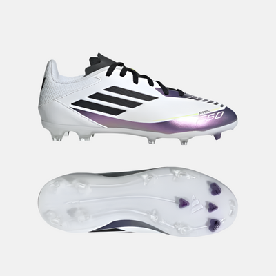 Adidas Messi F50 League Firm/Multi-Ground Kids Unisex Football Shoes (8-14 Year) -Cloud White/Core Black Purple