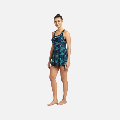 Speedo AOP Racerback Women's Contrast Boyleg Swimdress -Black/Chroma Blue/Aqua Splash