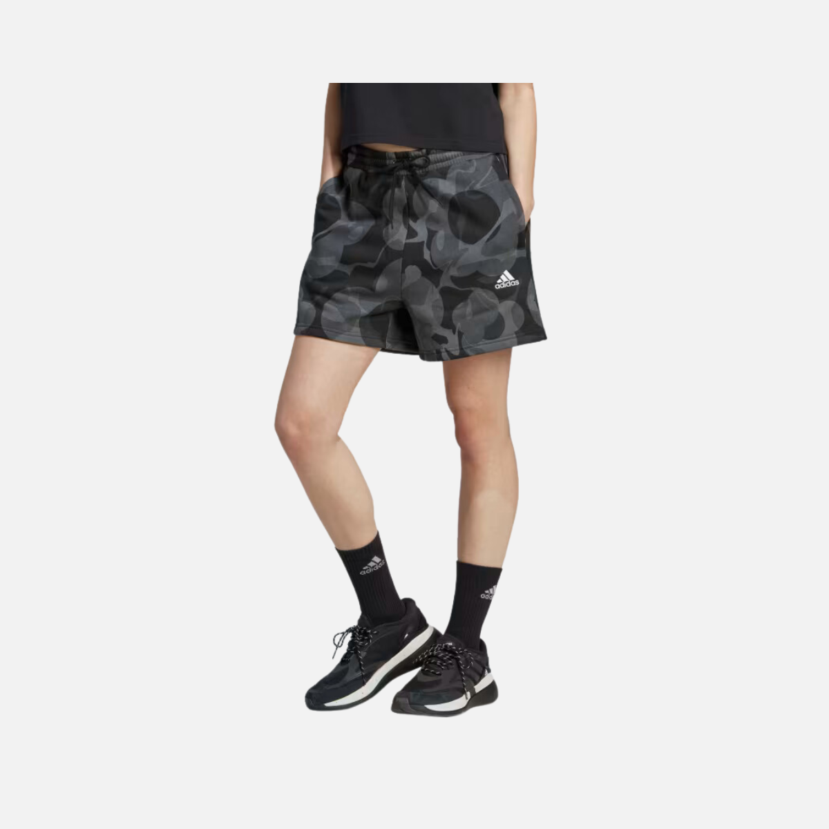 Adidas Floral Graphic 3-Stripes Women's Fleece Shorts -Black/Multicolor