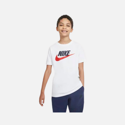 Nike Sportswear Older Kids' Cotton T-Shirt -White/Obsidian/University Red