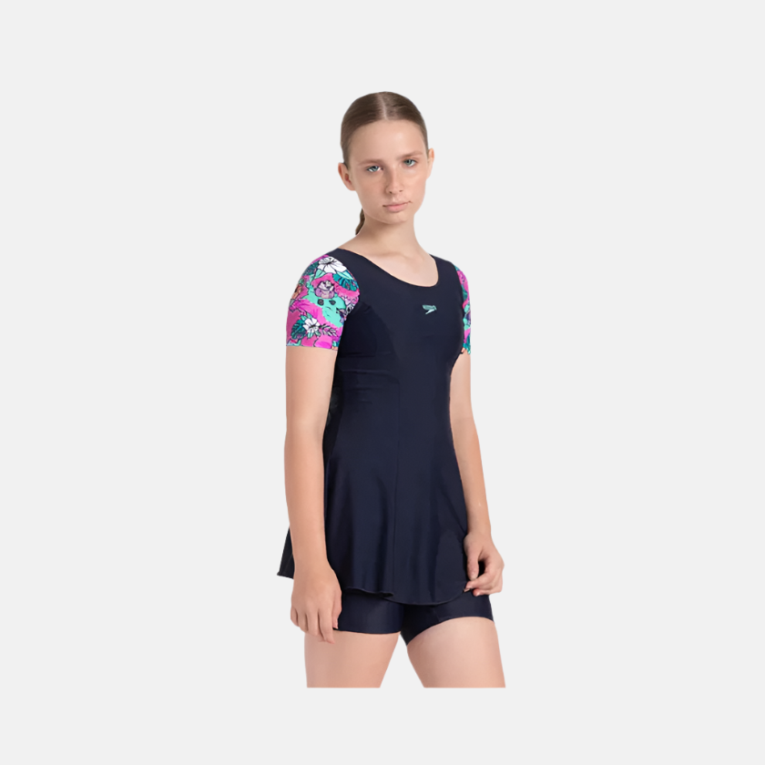 Speedo Endurance10 Sleeved Closedback Girl's Swimdress With Boyleg -True Navy/Neon Violet/Arctic Glass