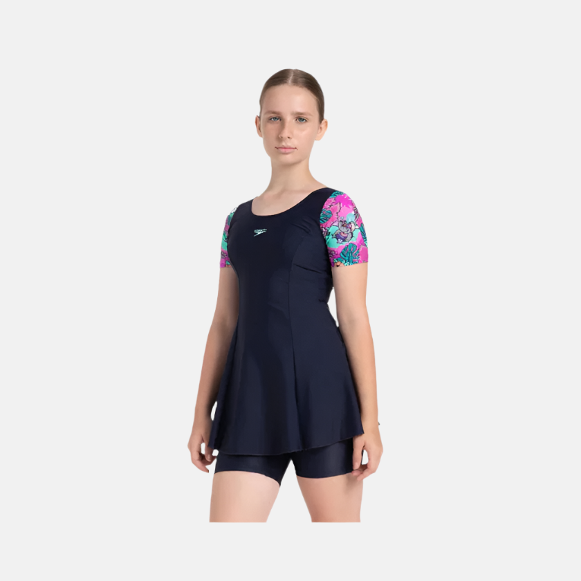 Speedo Endurance10 Sleeved Closedback Girl's Swimdress With Boyleg -True Navy/Neon Violet/Arctic Glass