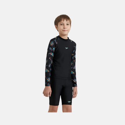 Speedo Endurance10 Digital Print Long Sleeve Boy's Suntop -Black/Anthracite/Arctic Glass