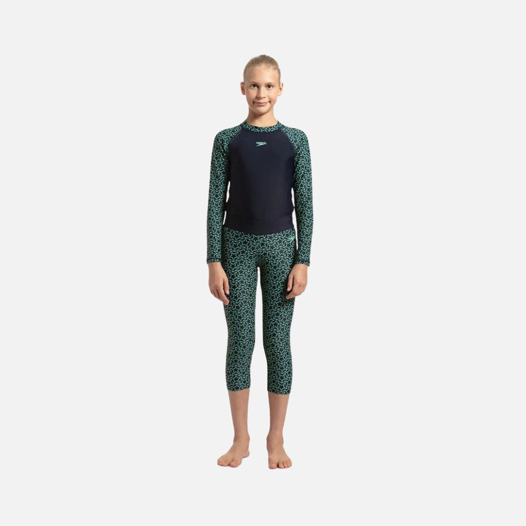 Speedo Girl's Endurance 10 Boomstar Printed Active Capri - True Navy & Green Glow