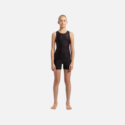 Speedo Kids Girls Boomstar Allover Legsuit Swimsuit -Black/Electric Pink
