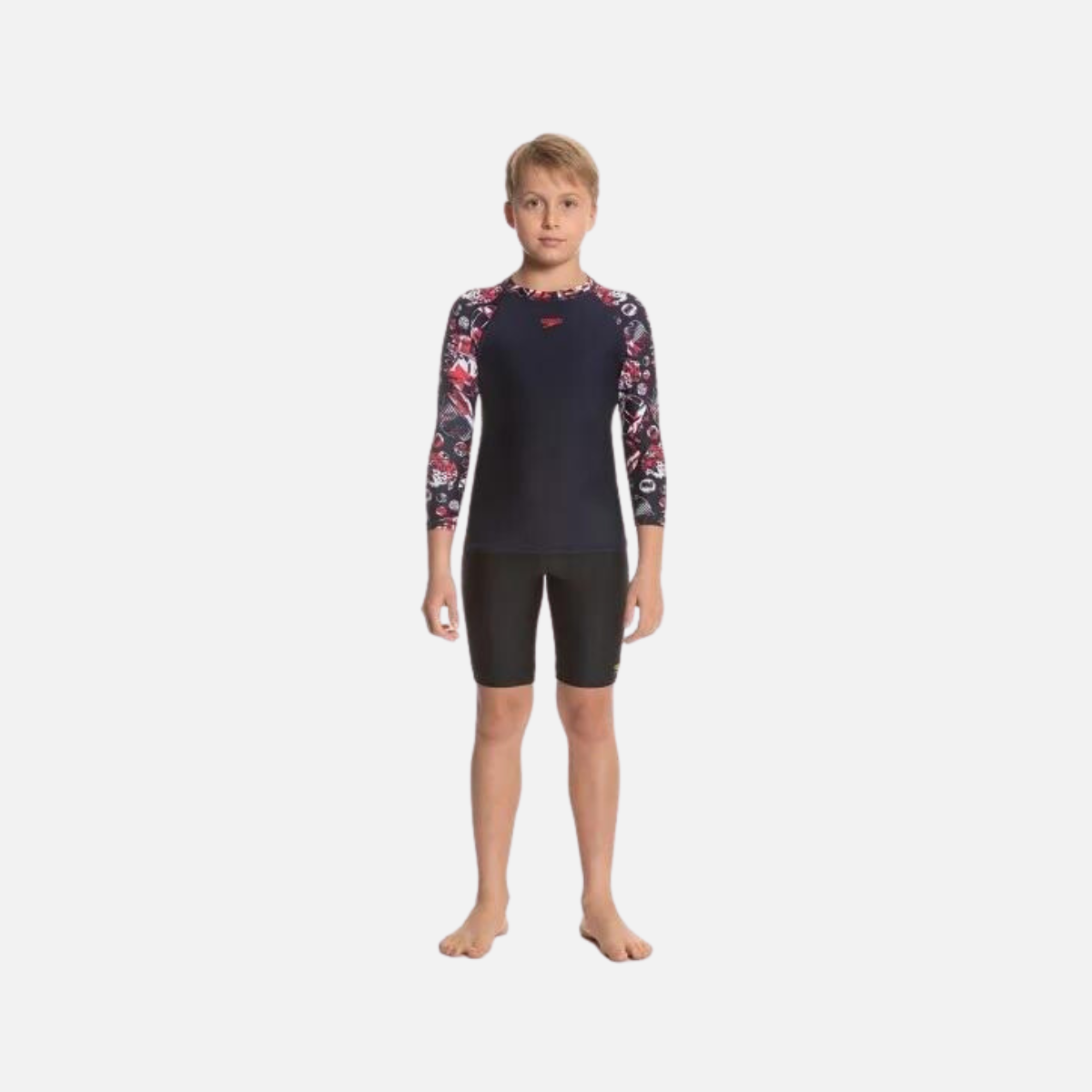 Speedo Glitchamp Allover Long Sleeve Sun Top - Navy/Lava Red/White