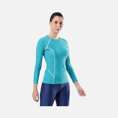 Speedo Solid Long Sleeve RashTop Women Swim-dress -Aquarium/White