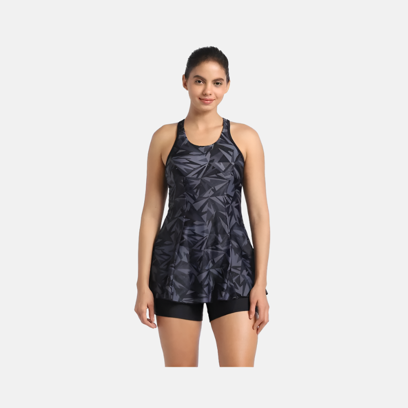 Speedo Hyperboom All Over Printed Racerback Swimdress With Boyleg -Black/Oxid Grey