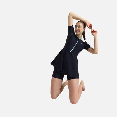 Speedo Women's Endurance10 Closedback Sleeved Swimdress With Boyleg - True Navy & Arctic Glass