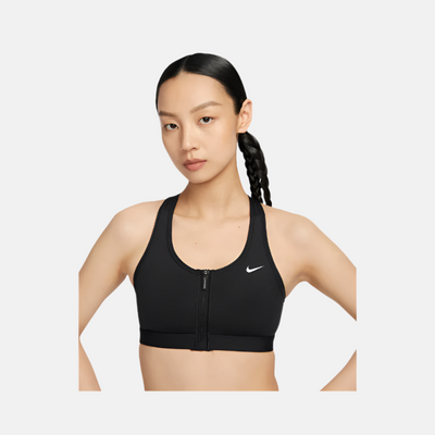 Nike Swoosh Front Zip Medium-Support Padded Women's Sports Bra -Black/Black/White