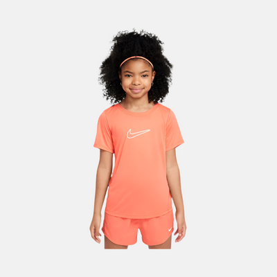 Nike One Fitted Older Kids Girls Dri-FIT Short-Sleeve Top -Magic Ember/White