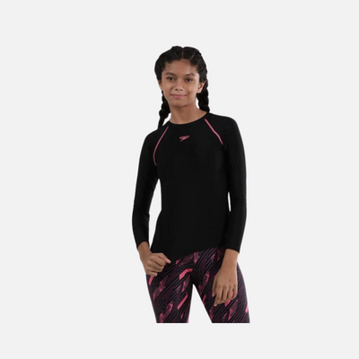 Speedo Endurance Solid Long Sleeve Kids Girl Swimming Sun Top -Black/Fandango Pink