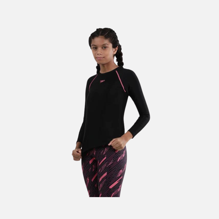 Speedo Endurance Solid Long Sleeve Kids Girl Swimming Sun Top -Black/Fandango Pink