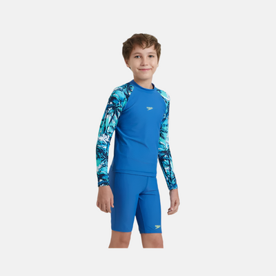 Speedo Enduraflex Digital Print Long Sleeve Boy's Suntop - Turkish Sea/Peacoat/Picton Blue