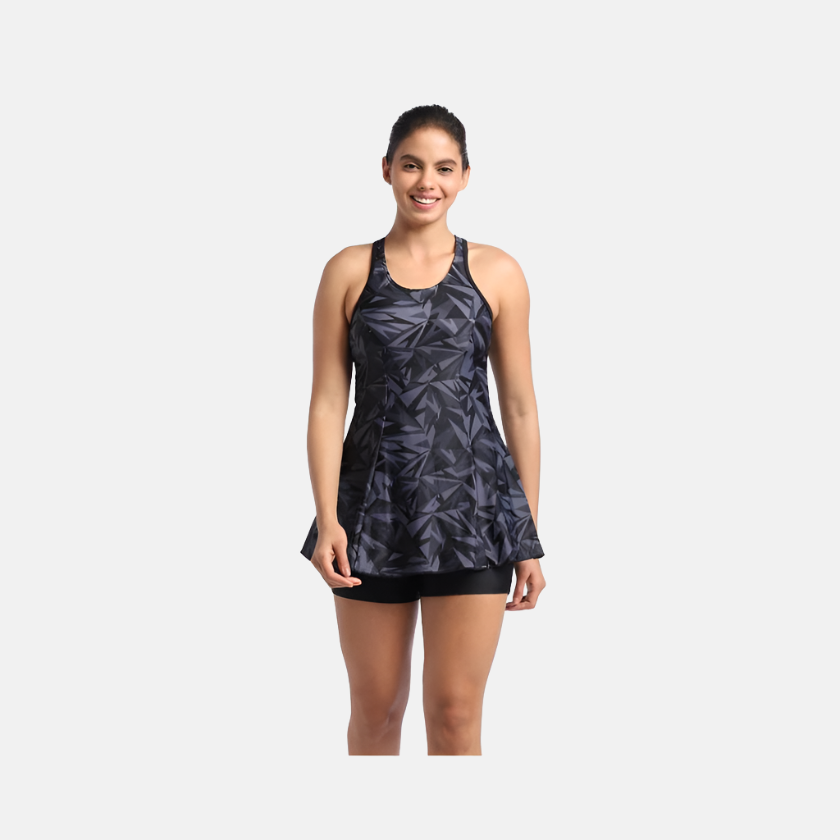 Speedo Hyperboom All Over Printed Racerback Swimdress With Boyleg -Black/Oxid Grey