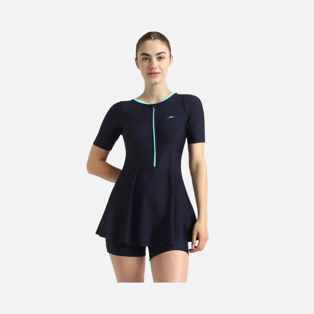 Speedo Women's Endurance10 Closedback Sleeved Swimdress With Boyleg - True Navy & Arctic Glass
