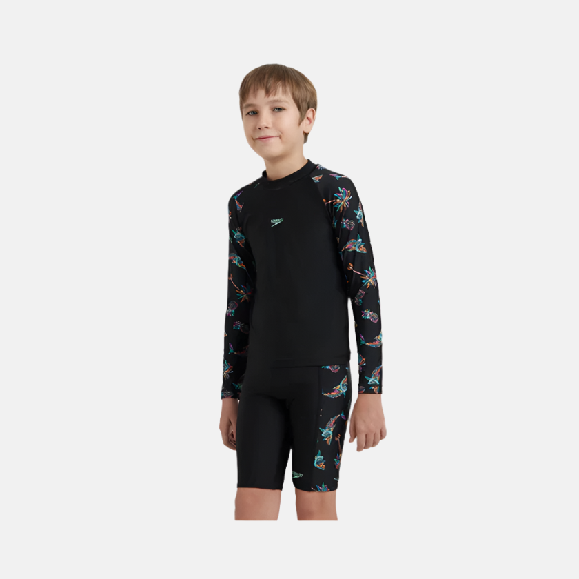 Speedo Endurance10 Digital Print Long Sleeve Boy's Suntop -Black/Anthracite/Arctic Glass