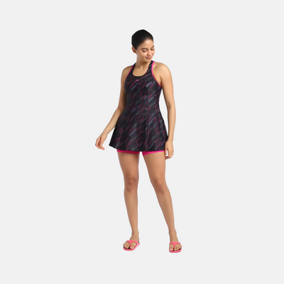 Speedo Hyperboom All Over Printed Racerback Women's Swimdress With Boyleg -Black/ElectricPink