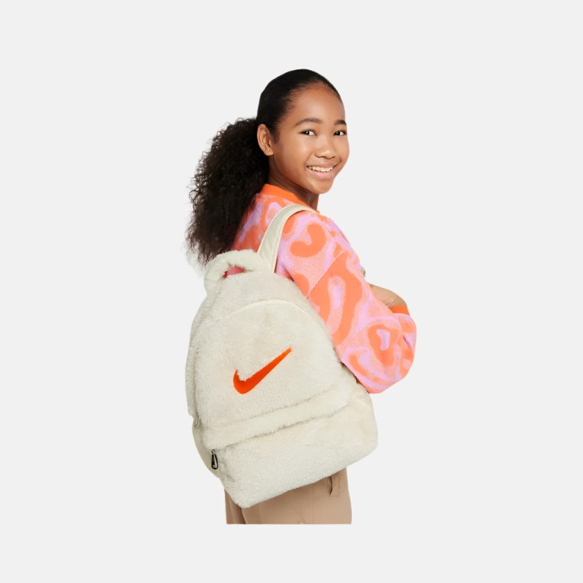 Nike Older Kids' Faux Fur Backpack 11L -Coconut Milk/Coconut Milk/Safety Orange