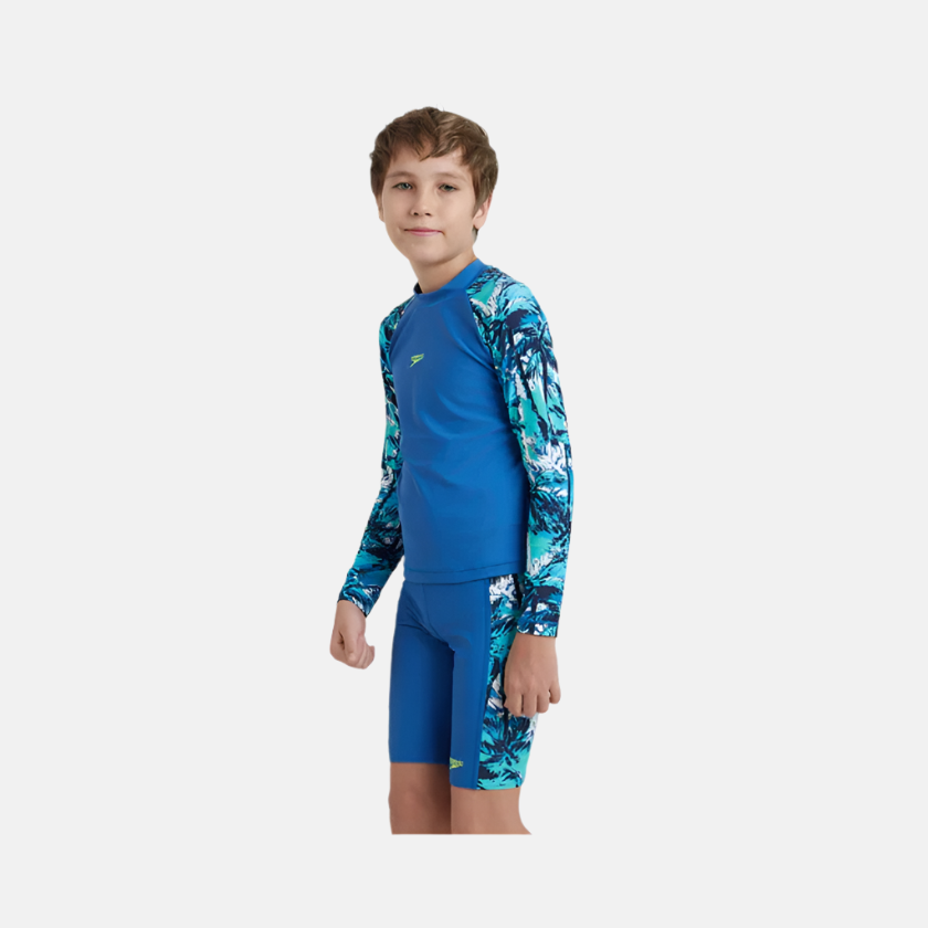 Speedo Enduraflex Digital Print Long Sleeve Boy's Suntop - Turkish Sea/Peacoat/Picton Blue