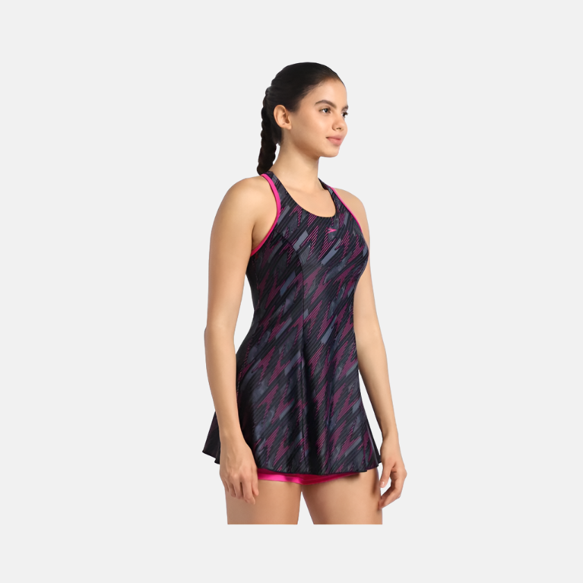 Speedo Hyperboom All Over Printed Racerback Women's Swimdress With Boyleg -Black/ElectricPink