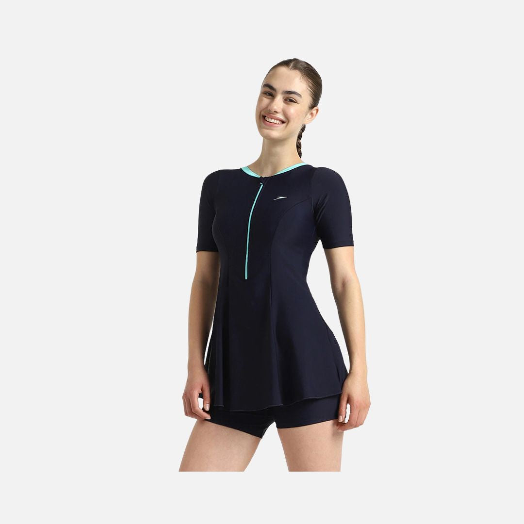 Speedo Women's Endurance10 Closedback Sleeved Swimdress With Boyleg - True Navy & Arctic Glass