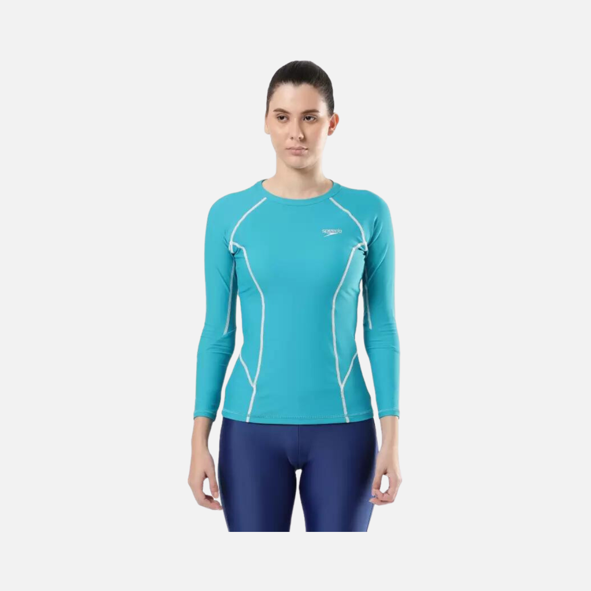 Speedo Solid Long Sleeve RashTop Women Swim-dress -Aquarium/White