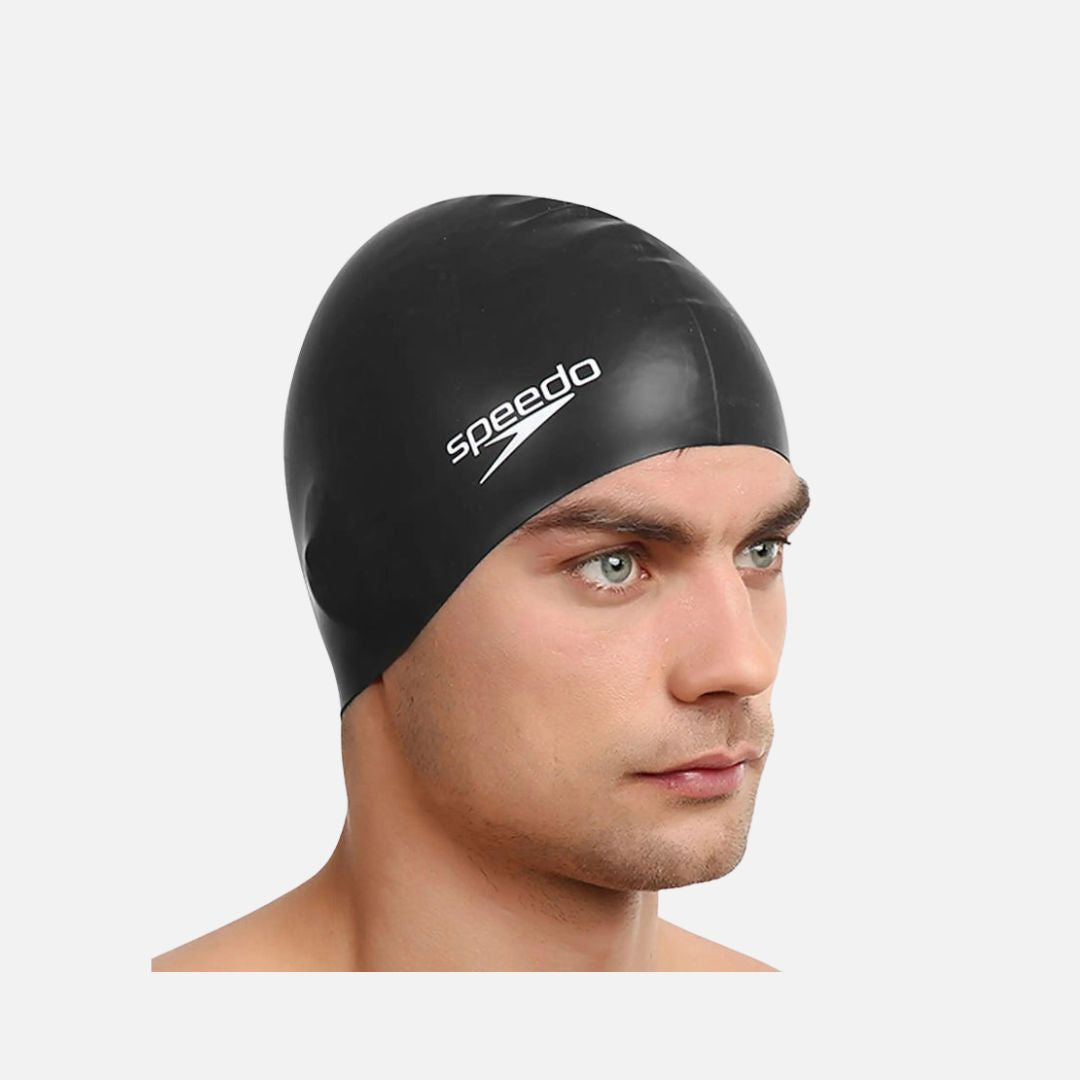 Speedo Unisex Flat Silicone Swim Cap For Men and Women - Black