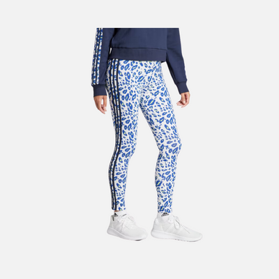 Adidas Essential 3 Stripes Animal Print Women Leggings -Crystal White/Pulse Lime/Semi Lucid Blue