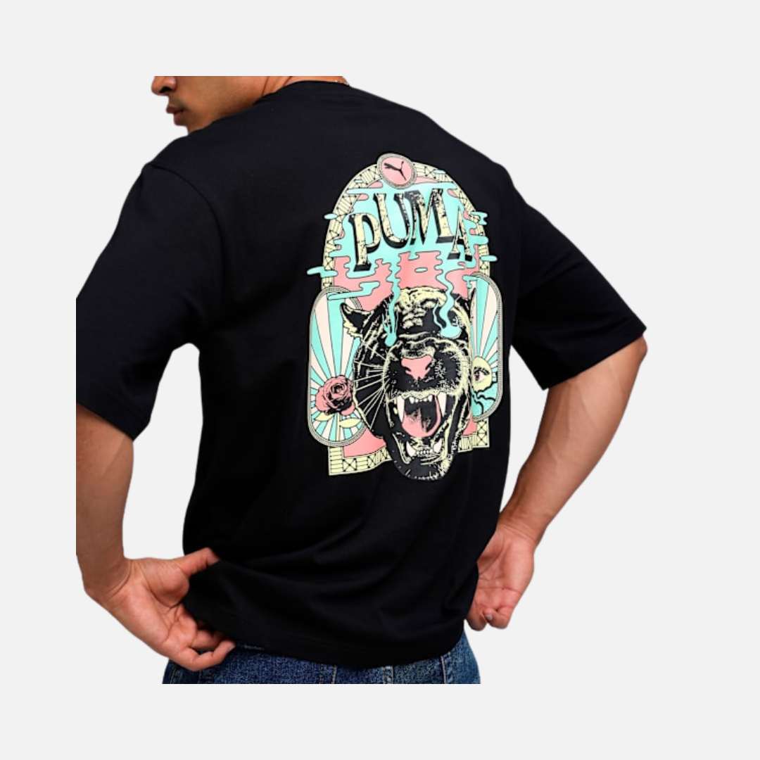 Puma Graphic Printed Men's Boxy Cotton T-shirt-PUMA Black
