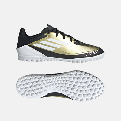 Adidas F50 Club Messi Unisex Turf Football Shoes -Gold Metallic/Cloud White/Core Black